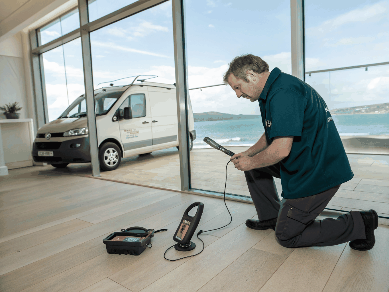 Plumber using acoustic ground microphone for pipe leak detection