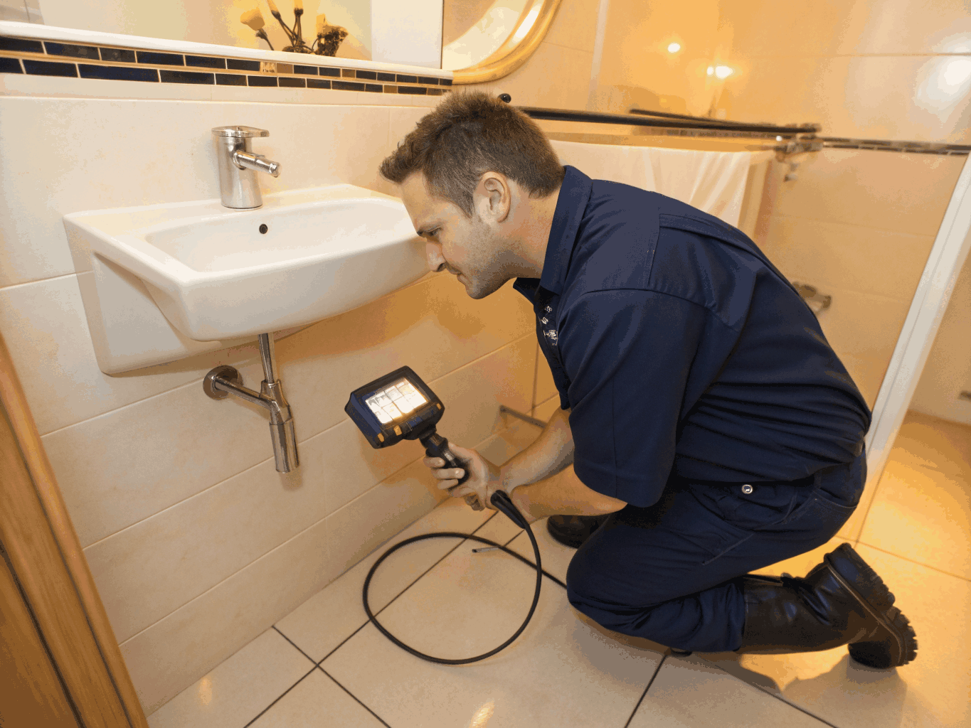 Plumber viewing video monitor of drain camera inspection