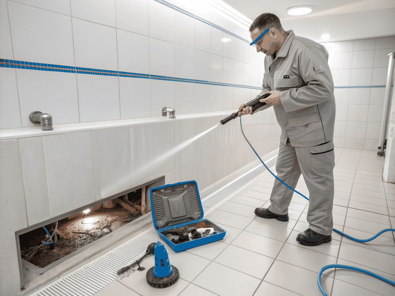 Plumber inspecting a residential drain line with specialized equipment