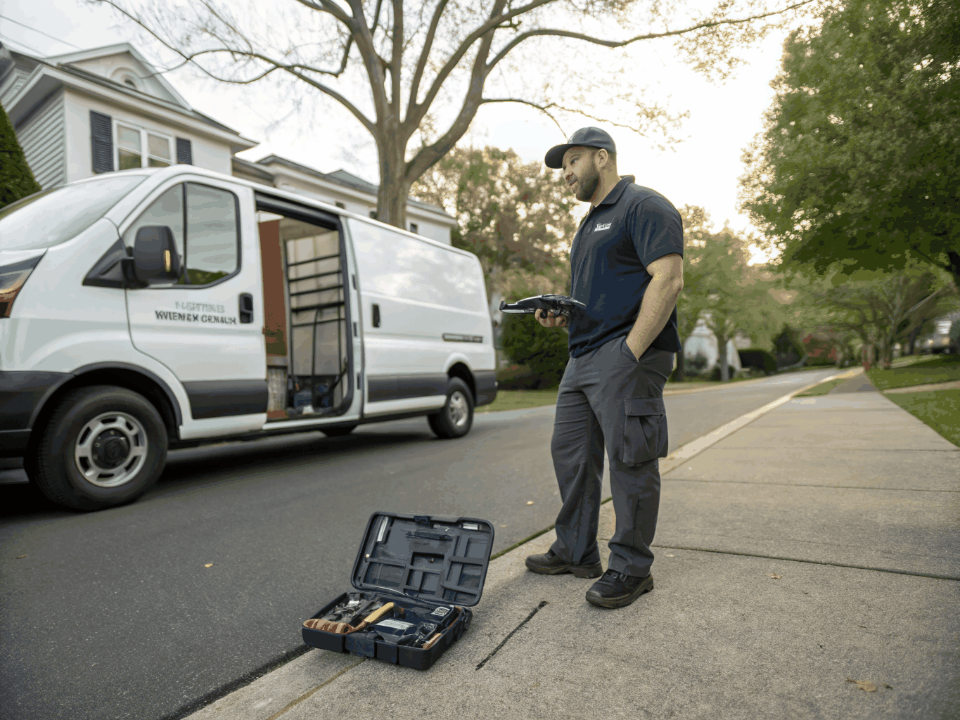 Fayetteville Plumbing Pros branded service van parked in a local neighborhood
