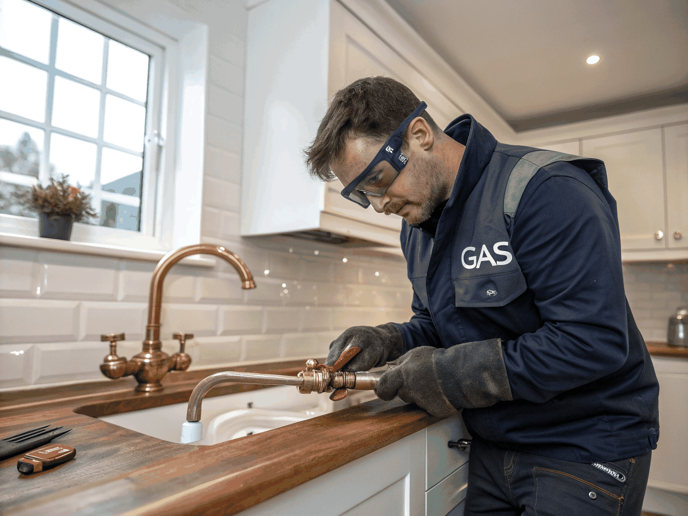 Plumber inspecting residential gas line pressure gauge