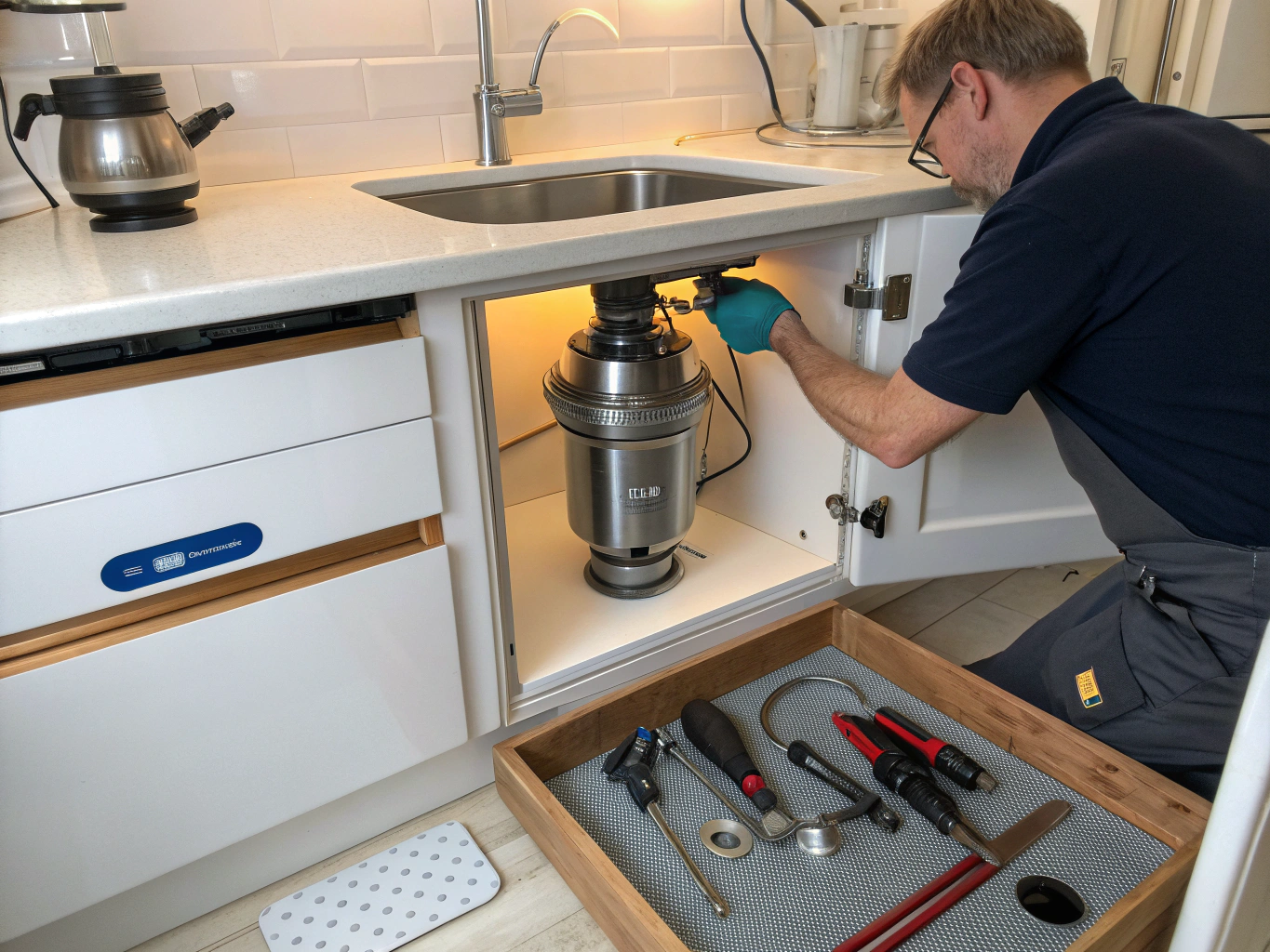 Technician servicing under-sink garbage disposal unit