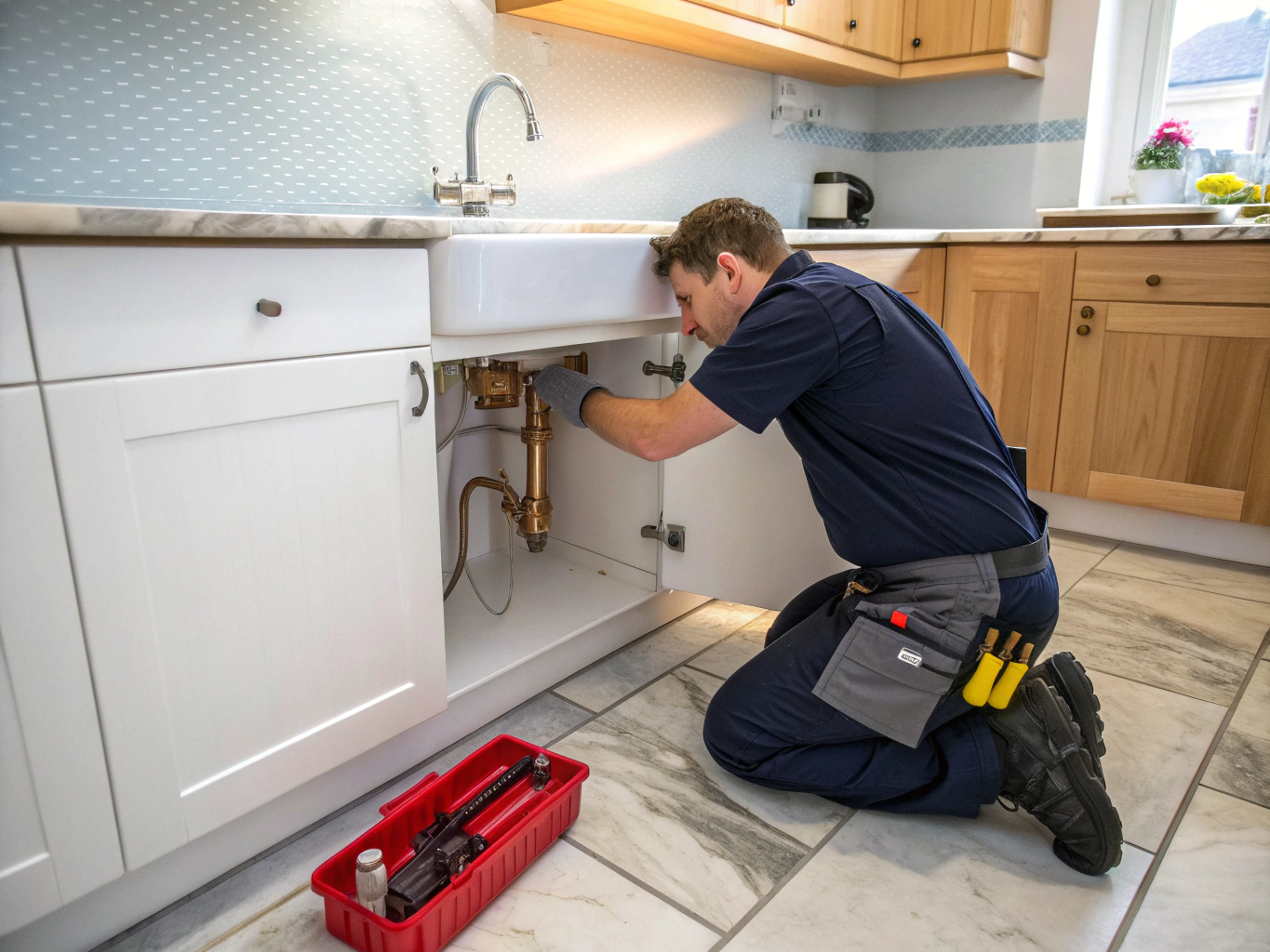Plumber repairing kitchen sink drainage and trap