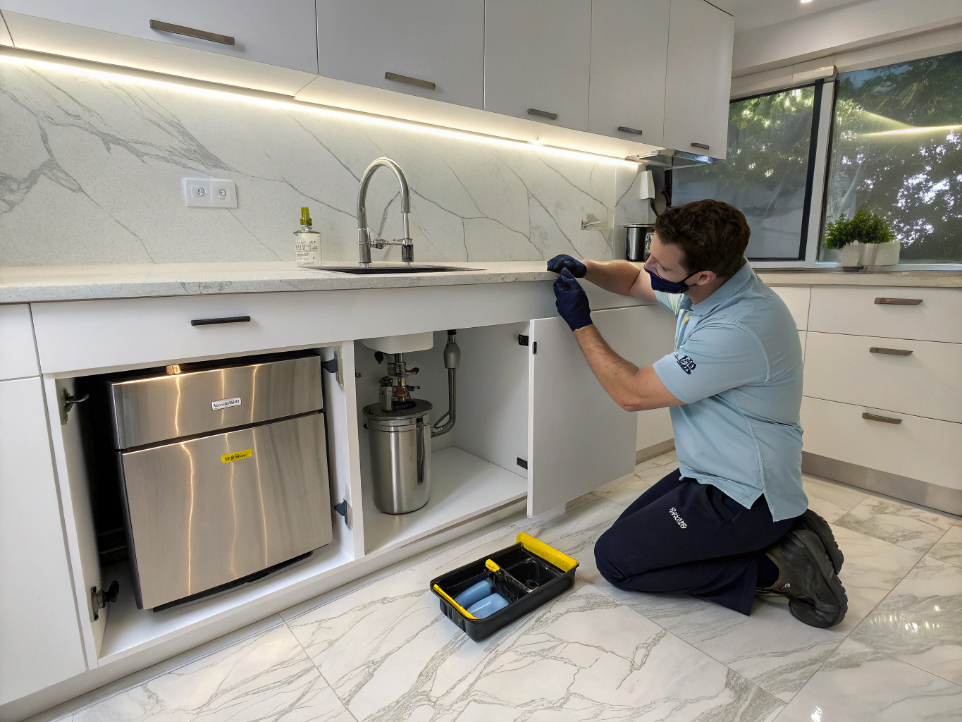 Flexible water supply line installation for kitchen appliances
