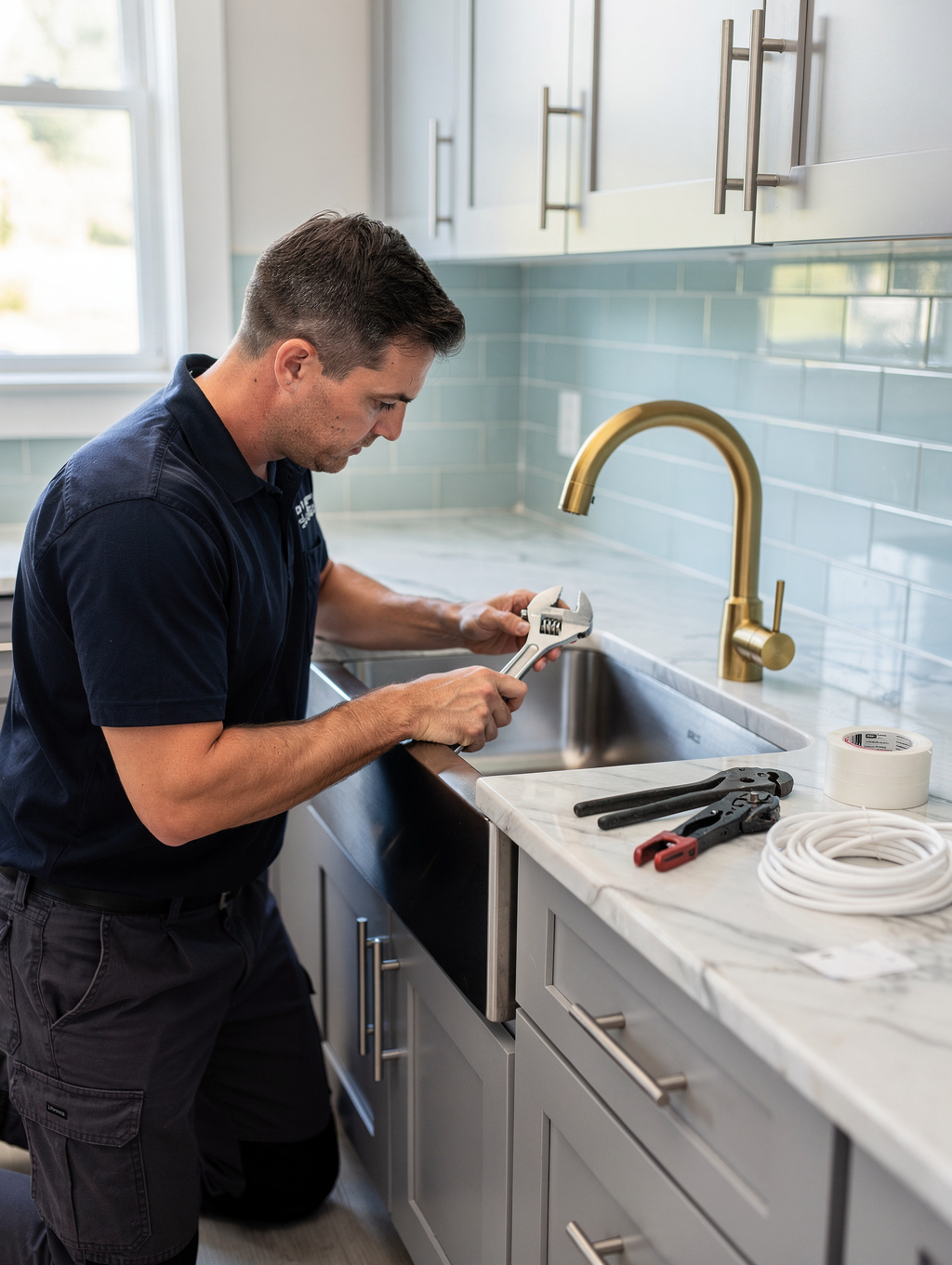 Plumber installing a modern kitchen faucet fixture