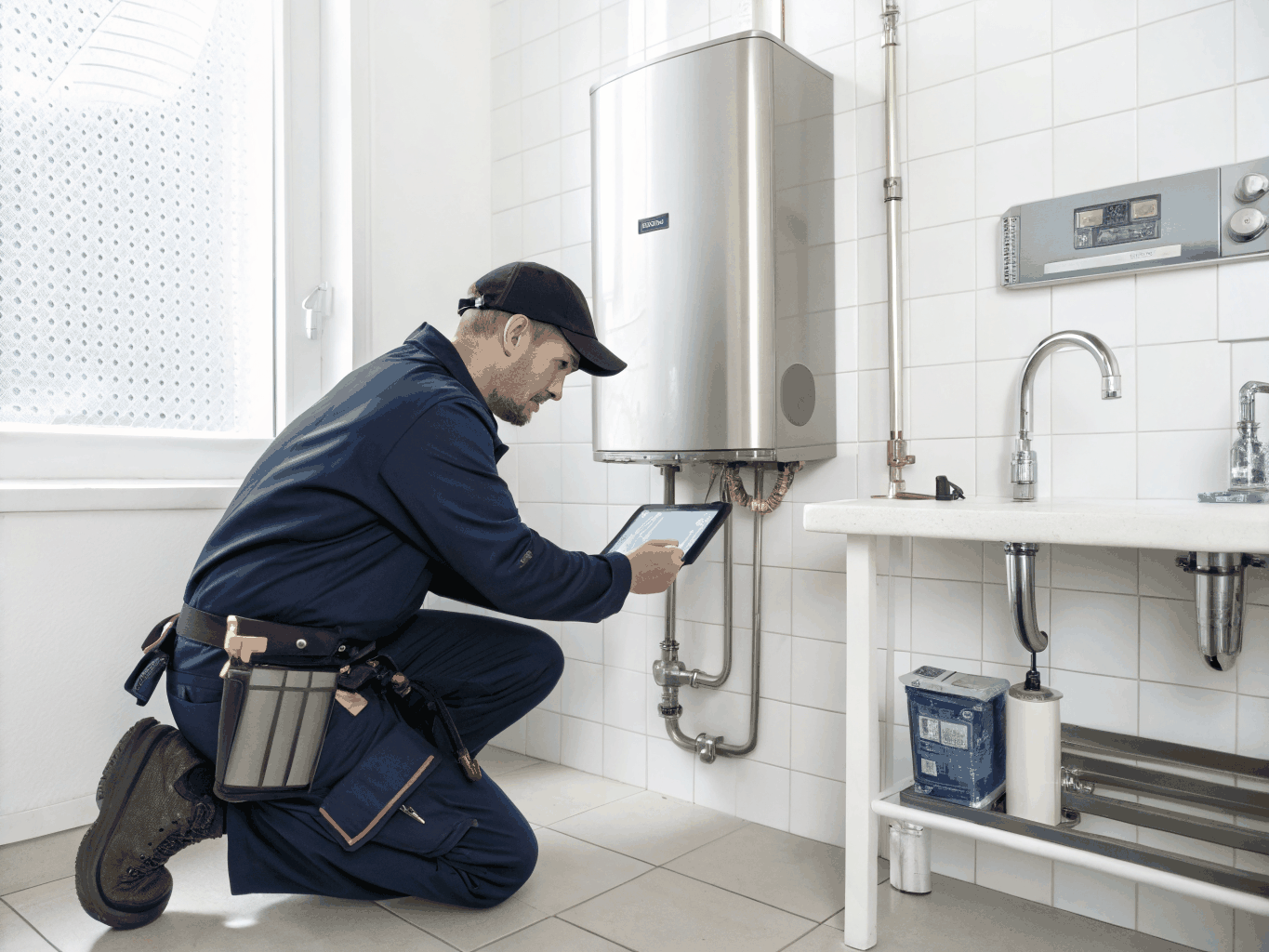 Service plumber servicing water heater in Peachtree City home