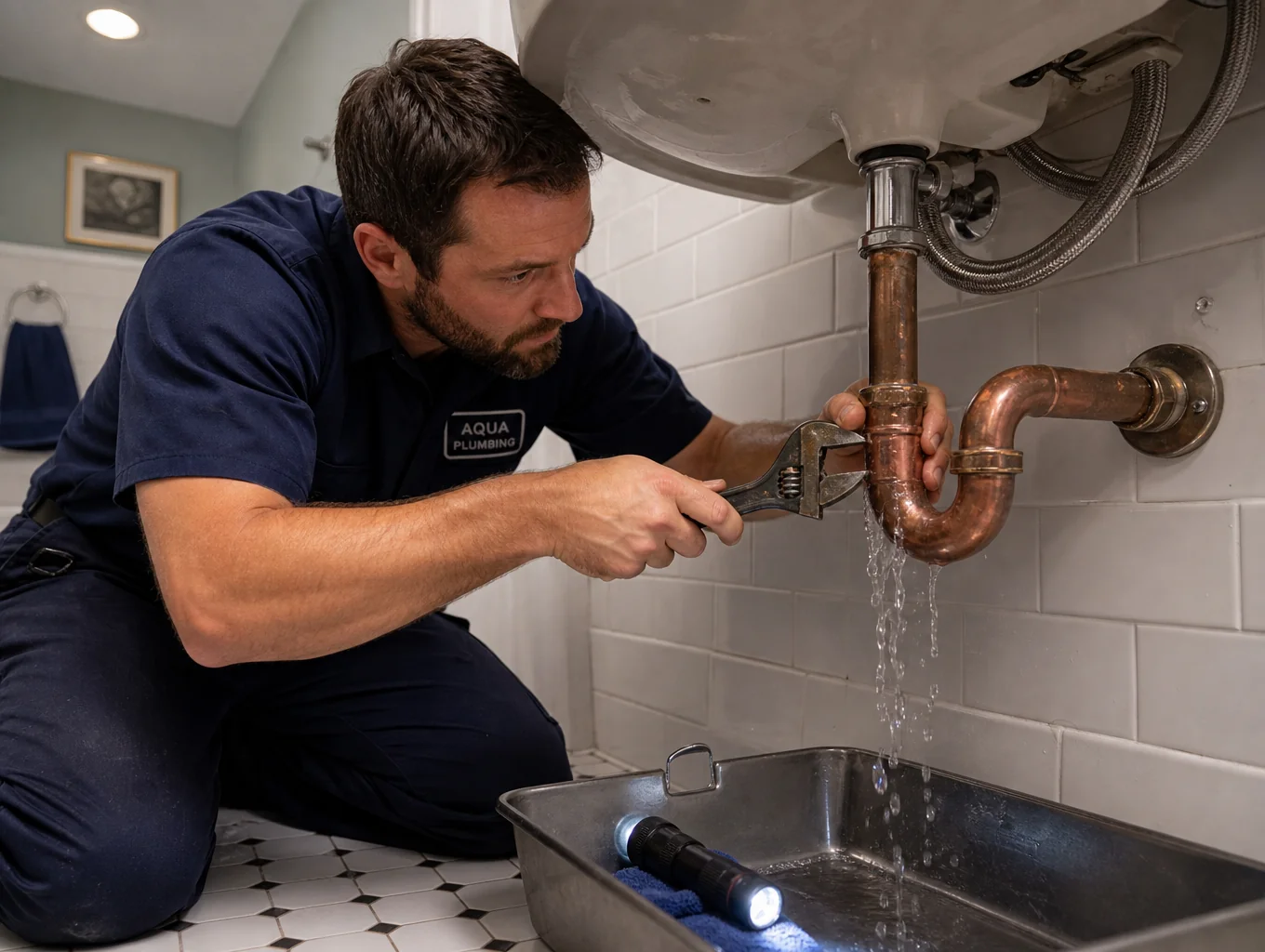 Plumber fixing emergency pipe burst under kitchen sink