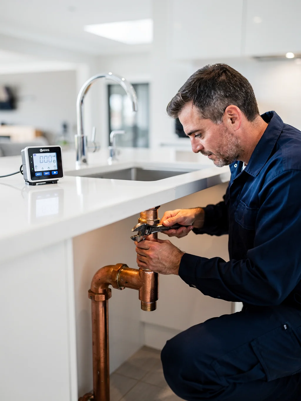 Plumbing technician working on residential pipe installation