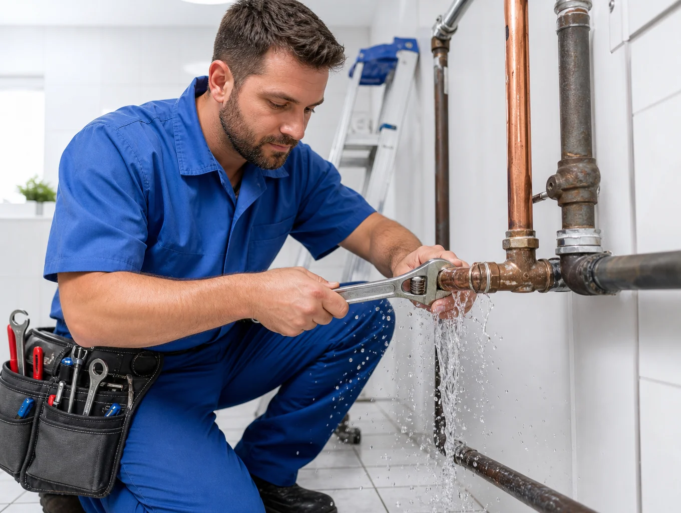 Plumber inspecting residential water pipe system