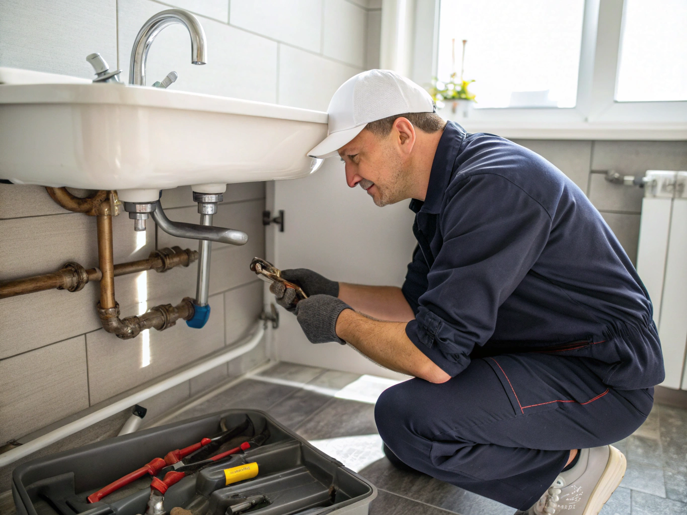 Professional plumber repairing pipe under sink in residential kitchen