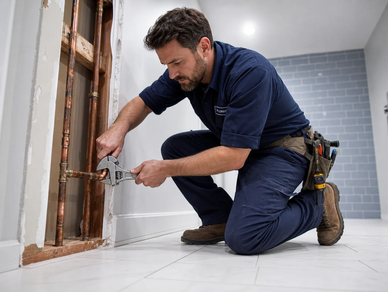 Licensed residential plumber inspecting pipes under a home sink