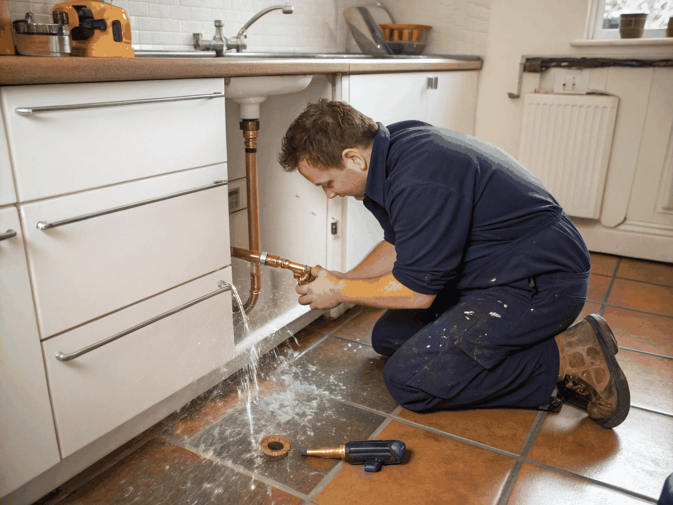Plumbing technician inspecting pipes under a sink