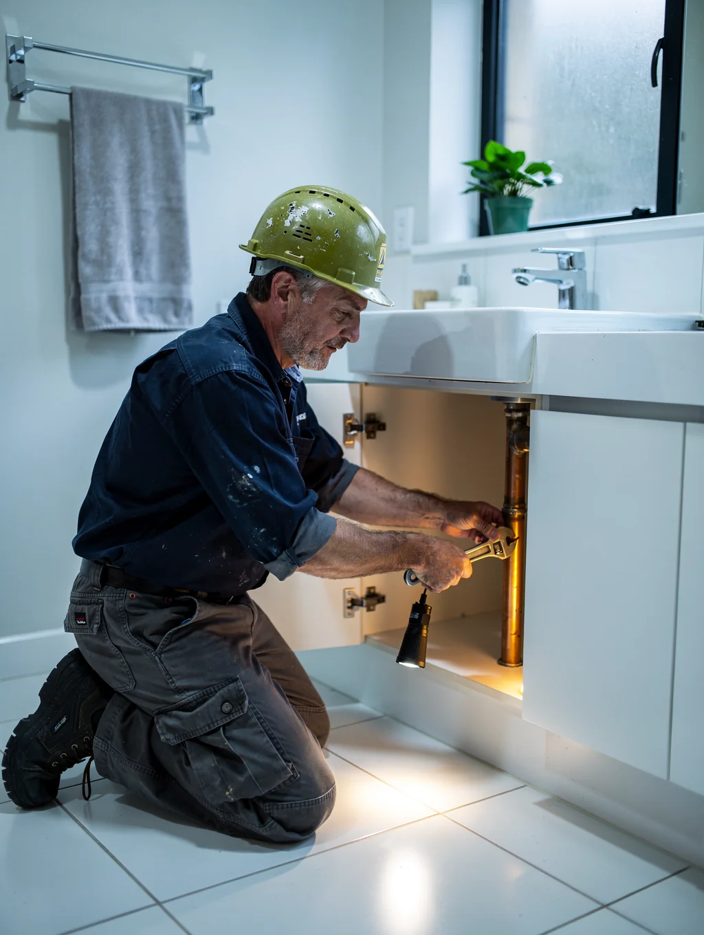 Plumbing technician repairing pipes in a residential home