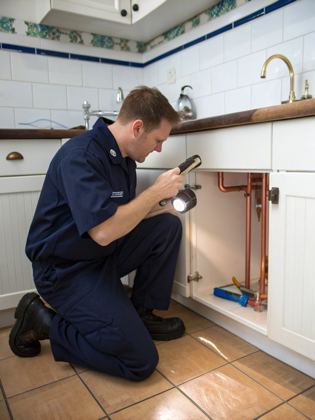 Professional plumber inspecting water fixture installation