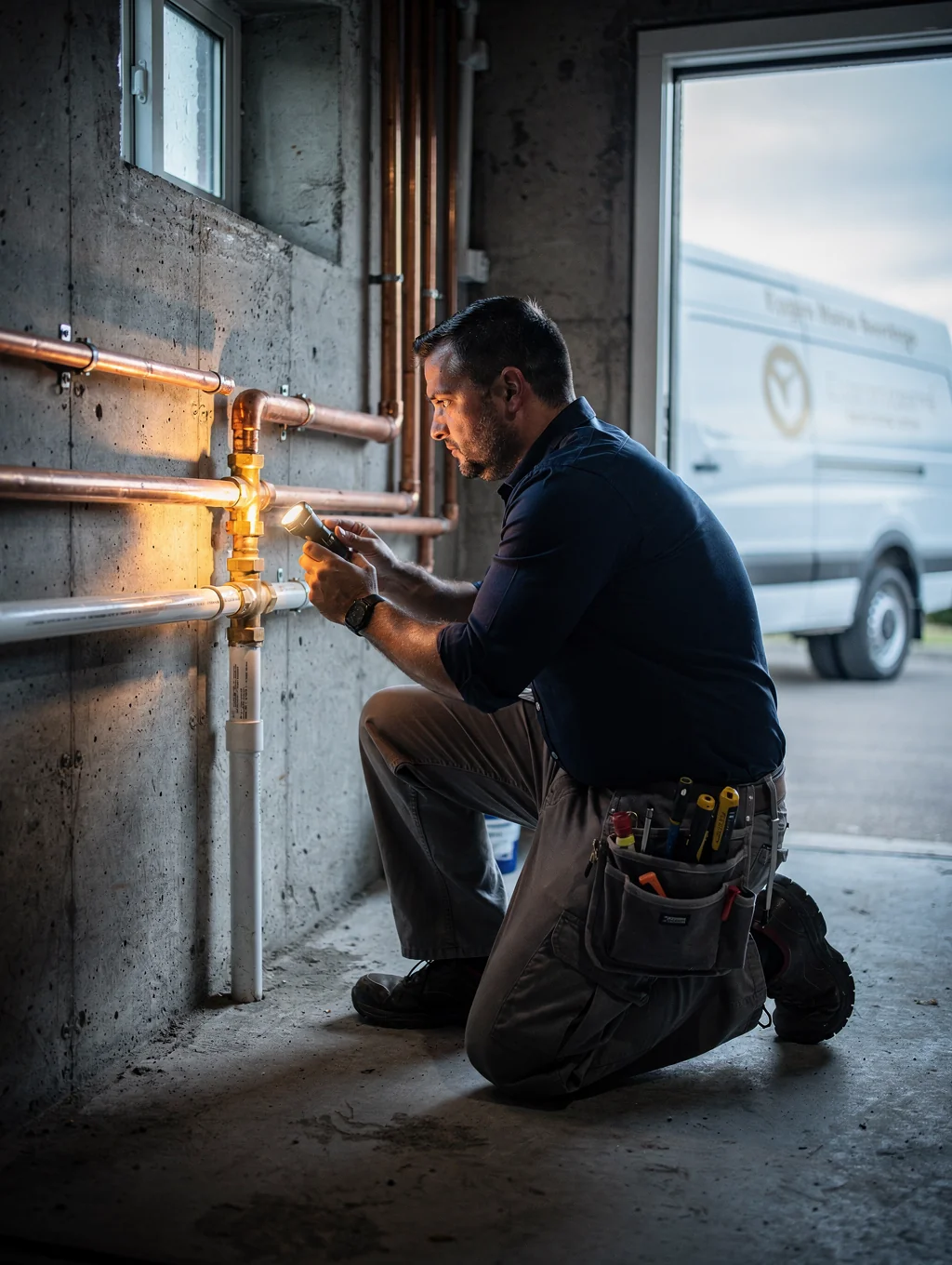 Licensed plumbing technician inspecting home pipes in Tyrone