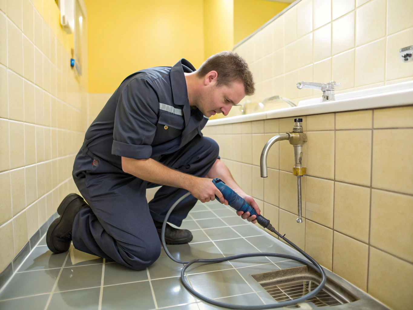 Plumbing technician inspecting drain system in Tyrone Georgia residence
