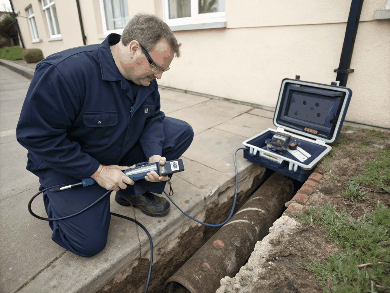 Plumbing technician inspecting a residential main water supply pipe